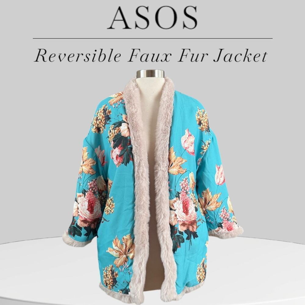 ASOS Boho Reversible Faux Fur Jacket with Reverse Floral Print (3 small flaws)